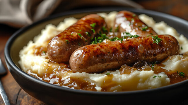 Sausages and mashed potatoes with gravy and herbs.
