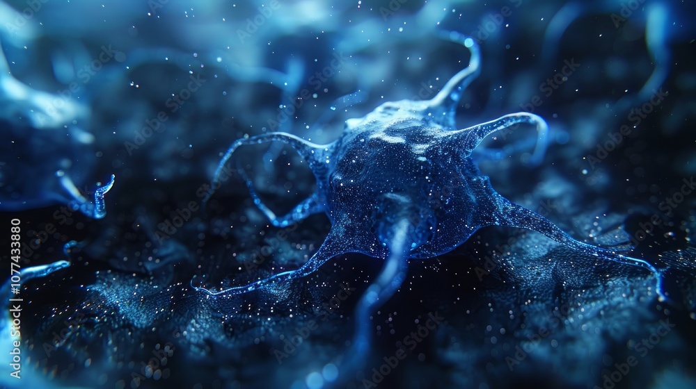 Aufkleber a blue, 3d rendering of a microscopic cell with glowing particles.