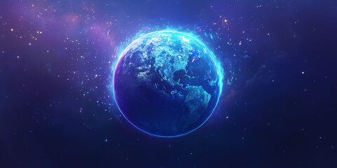 Obraz premium Planet Earth glowing in space with a vibrant blue atmosphere, surrounded by stars and a deep cosmic background