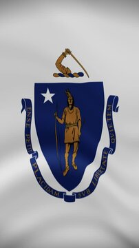 Massachusetts State Waving Flag in Vertical Orientation. Realistic Flag Animation. Seamless Loop Background.