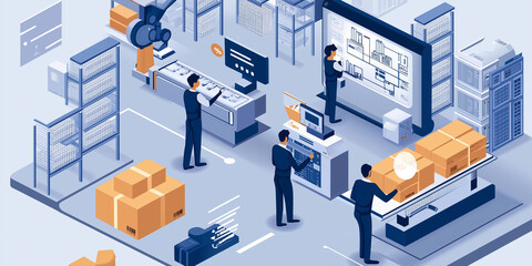 Moderne Illustration einer hybriden Bankfiliale mit integriertem Paketservice. Digitales Banking trifft auf Postdienstleistungen im modernen Geschäftsalltag