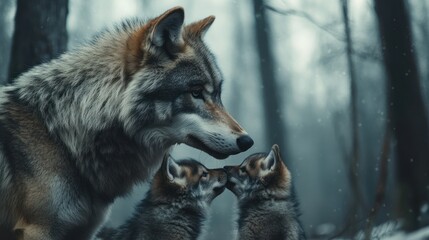 Obraz premium A mother wolf nuzzles her two pups in a snowy forest.