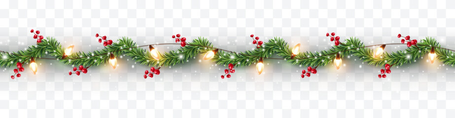 Border with green fir branches, red berries, gold lights isolated on transparent background. Pine, xmas evergreen plants seamless banner. Vector Christmas tree garland decoration