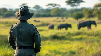 Ranger observing a herd of elephants in a grassy savanna landscape under a clear sky