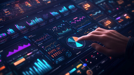 Fototapeta premium Hand Interacting with Data Visualization on Screen with Charts Graphs and Pie Chart