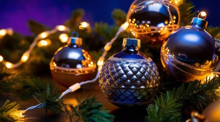 Christmas ornaments and garlands in the 2025 trendy dark purple color, accented by glowing string lights, create an elegant and warm holiday atmosphere perfect for seasonal celebrations and decor.