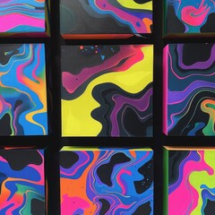 Obraz premium Abstract colorful geometric arrangement of fluid art panels with neon marbled patterns on black background. Modern digital art with bold and vibrant colors. Generative AI