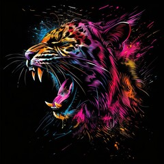 Obraz premium Colorful roaring leopard portrait with neon abstract paint splashes on black background. Digital art featuring vibrant colors and expressive brushstrokes. Generative AI