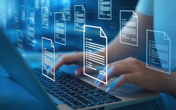 Woman typing on laptop, glowing electronic document files and digital signature