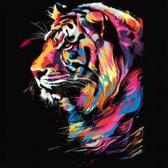 Colorful tiger portrait with neon abstract strokes on black background. Digital art featuring vibrant colors and expressive details. Generative AI

