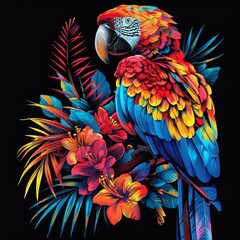 Obraz premium Colorful parrot with vibrant tropical flowers and leaves on black background. Digital art featuring neon feathers and exotic botanical elements. Generative AI