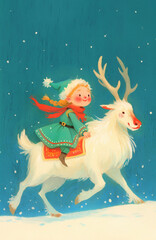 Girl riding white reindeer. Christmas and holiday concept. Illustration for greeting cards and winter print.