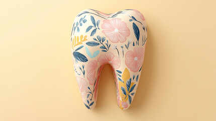 Floral patterns engraved on porcelain teeth isolated yellow background.