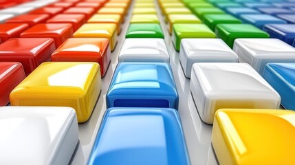Colorful glossy squares arranged in a rainbow pattern on a white surface.