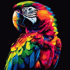 Obraz premium Colorful parrot portrait in neon tones on black background. Digital artwork featuring vibrant feather detail. Exotic bird illustration for modern wildlife design concept. Generative AI