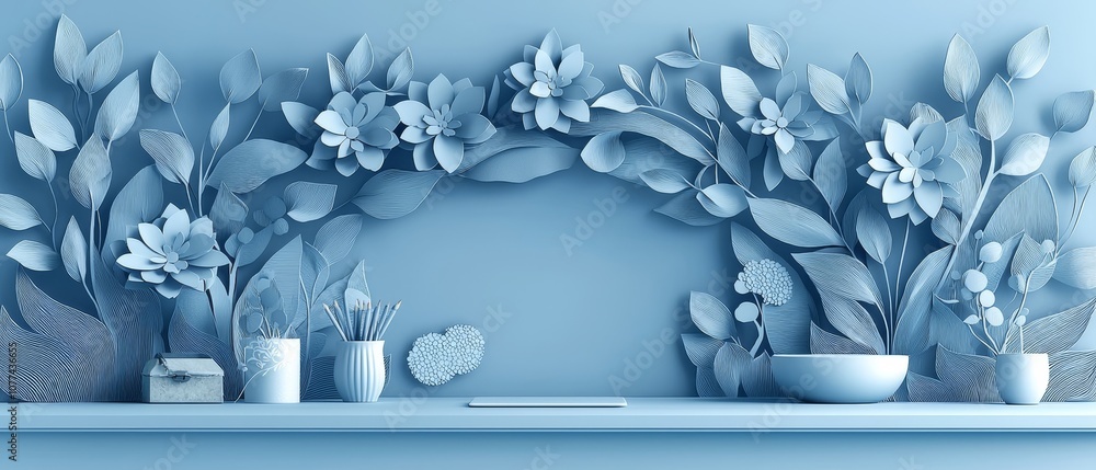 Poster a serene blue shelf adorned with intricately designed flowers and foliage, creating an enchanting an