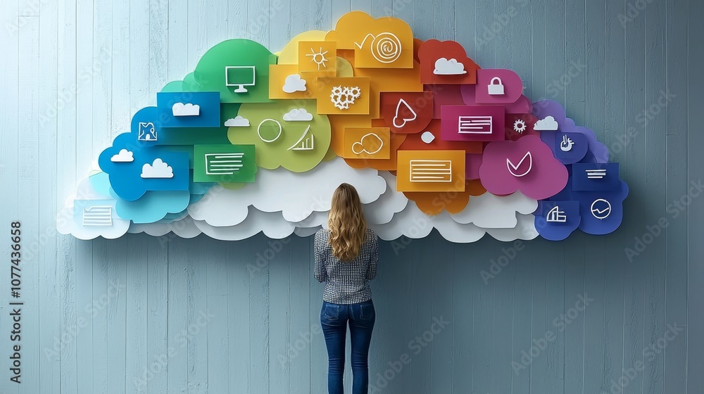 Poster a person stands before a colorful cloud of digital icons, symbolizing cloud computing and technology