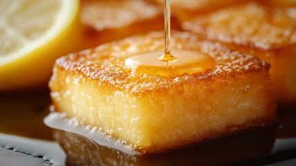 Caramelized bread pudding with honey drizzle.