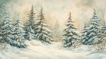 Fototapeta premium Festive winter scene with snow-laden evergreens and drifts. Season's greetings with space for text. Enchanting winter wonderland.