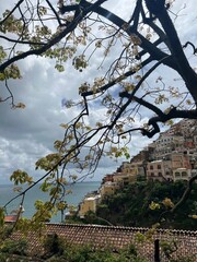 Charming Italian Village with Ocean View Framed by Tree Branches