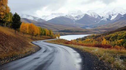 Asphalt highway road and mountain natural landscape in autumn season

