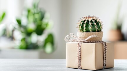 Minimalistic home office decor with a cactus in a pot on a gift box and a plant on the desk.