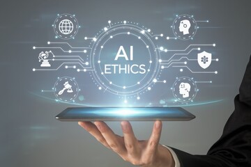 AI ethics and law in artificial intelligence governance. Icons related to AI ethics, symbols of legal scales, security, and global responsibility. ethical standards and regulations in AI technology.