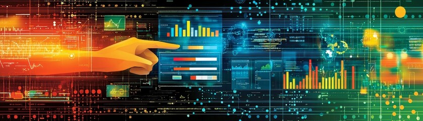 A digital interface displays data visualizations and graphs, with a hand pointing at interactive elements, illustrating technology and analytics.