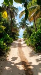 Obraz premium Pathway through lush tropical foliage leads to a serene beach under a bright blue sky, AI