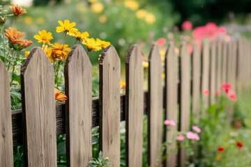 Fototapeta premium Wooden Fence in Peaceful Garden Setting