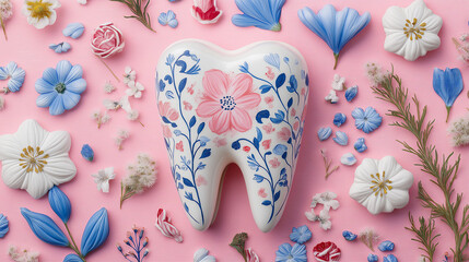 Floral patterns engraved on porcelain teeth isolated pink background.