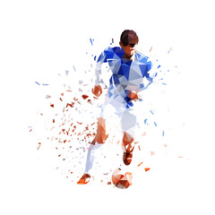Sports, soccer player running with ball, low polygonal isolated vector illustration. Footballer