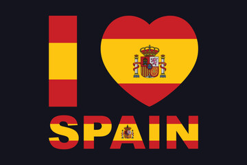 I love Spain Word with heart shape, Flag of Spain national country symbol illustration Vector, Rectangle Spain flag illustration, Flat vector illustration
