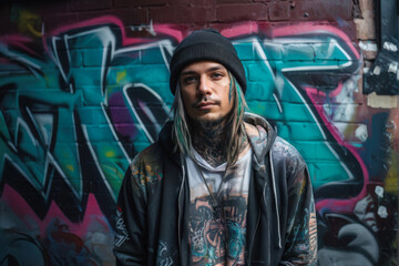 A New York street artist with tattoos and paint-splattered clothes stands against a vibrant...