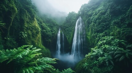 Fototapeta premium Lush Green Waterfall Amidst Foggy Rainforest