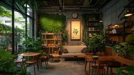 Fototapeta premium Modern Cafe Interior with Green Plants and Wooden Furniture