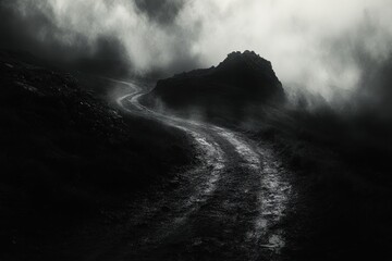 A winding dirt road disappears into a misty mountain landscape.
