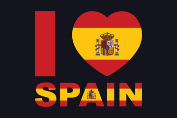 Fototapeta premium I love Spain Word with heart shape, Flag of Spain national country symbol illustration Vector, Rectangle Spain flag illustration, Flat vector illustration 