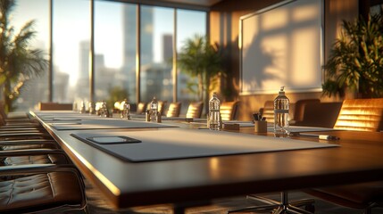 Empty conference room with city skyline view.