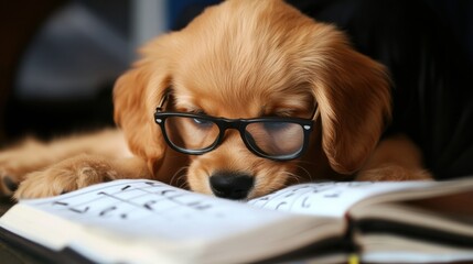 Adorable puppy wearing glasses naps on an open book, blending cuteness with studious charm, AI