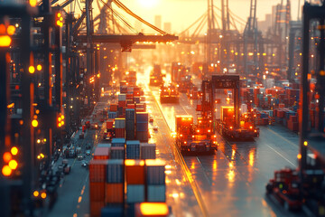 Fototapeta premium Tilt-Shift Cargo Port Scene with Container Ship and Cranes in Action