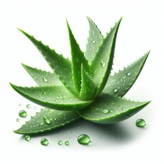 Fresh aloe vera plant leaf with water droplets isolated on white background