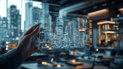 Obraz premium A futuristic hand holds a transparent holographic display of a cityscape, set against a modern office backdrop with soft lighting.