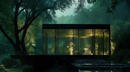 Fototapeta premium A modern cabin with large windows sits nestled in the lush green jungle at dusk 