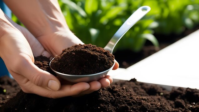 Cropped shot view of gardener holding a tablespoon of organic fertilizer in hand before applying to plants