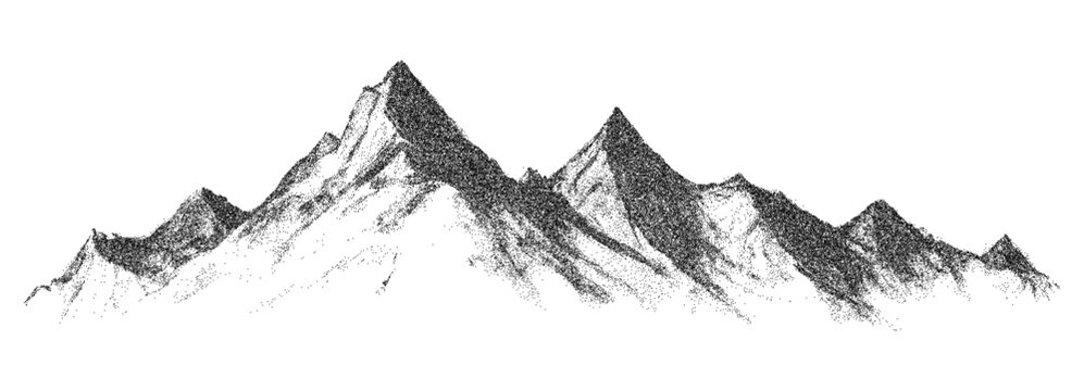 Abstract dotted mountain range in overlayed pointillist grunge texture style. Vintage photocopy of snowy range of hills, mounted landscape with grainy noise. Retro halftone vector illustration.