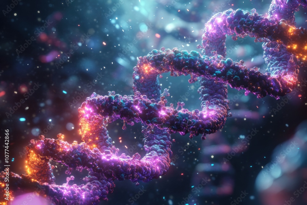 Aufkleber a glowing, colorful 3d rendering of a dna double helix against a dark background with particles.