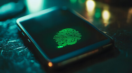 A fingerprint scanner with a green Authenticated message on a mobile phone symbolizing identity verification and cyber security.