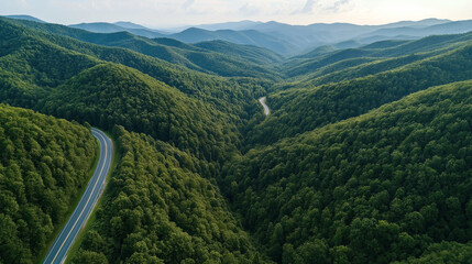 Fototapeta premium Aerial view of winding road cutting through lush green mountainous forest landscape with rolling hills and distant mountains under a cloudy sky during daytime.