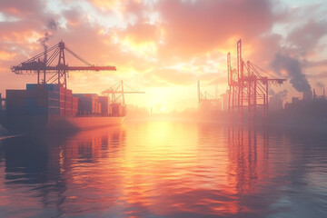 Massive Cargo Ship in a Calm Ocean at Sunset